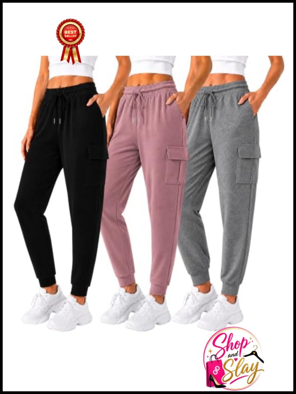 3 Pack Stretch Knit Cargo Joggers Tapered Leg 4 Pockets Women's Activewear